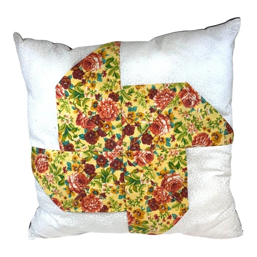 Floral Patchwork Pinkwheel Yellow Pink Throw Pillow 13”  Flowers Boho Cottage
